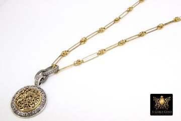 Gold and Silver Filigree Medallion Necklace, Vintage Gold Rectangle Chain Maille #684, Coin Pendant Statement Jewelry - A Girls Gems